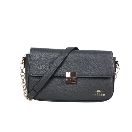 Black handbag with a gold chain and clasp on a white background