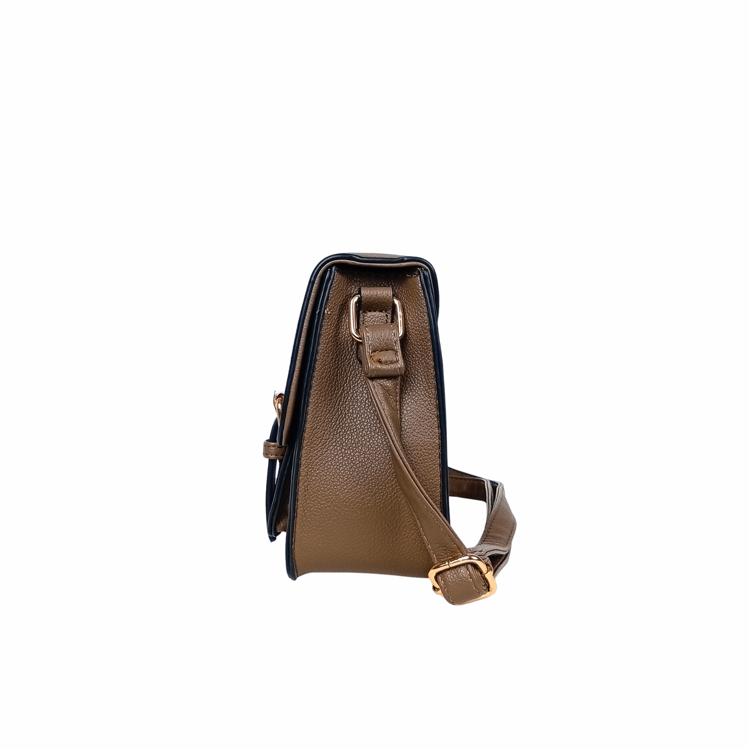 Brown leather bag with a strap on a white background