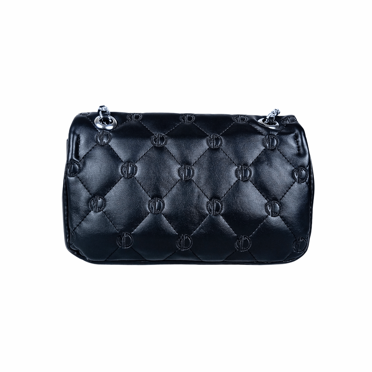 Black quilted handbag on a white background