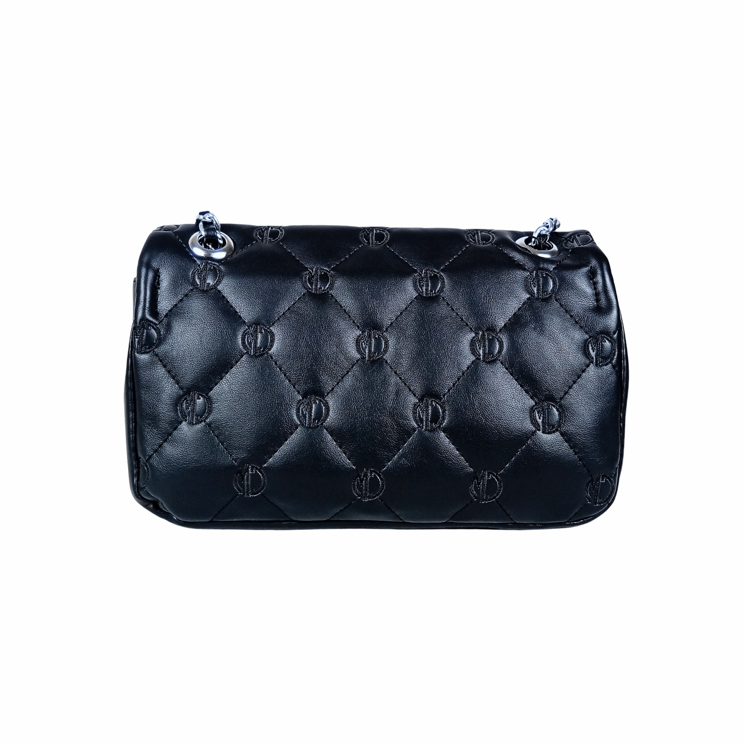 Black quilted handbag on a white background