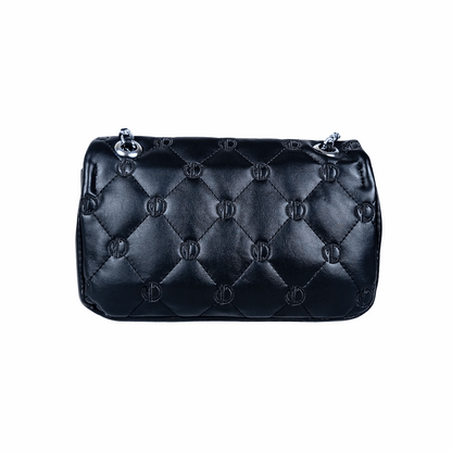 Black quilted handbag on a white background