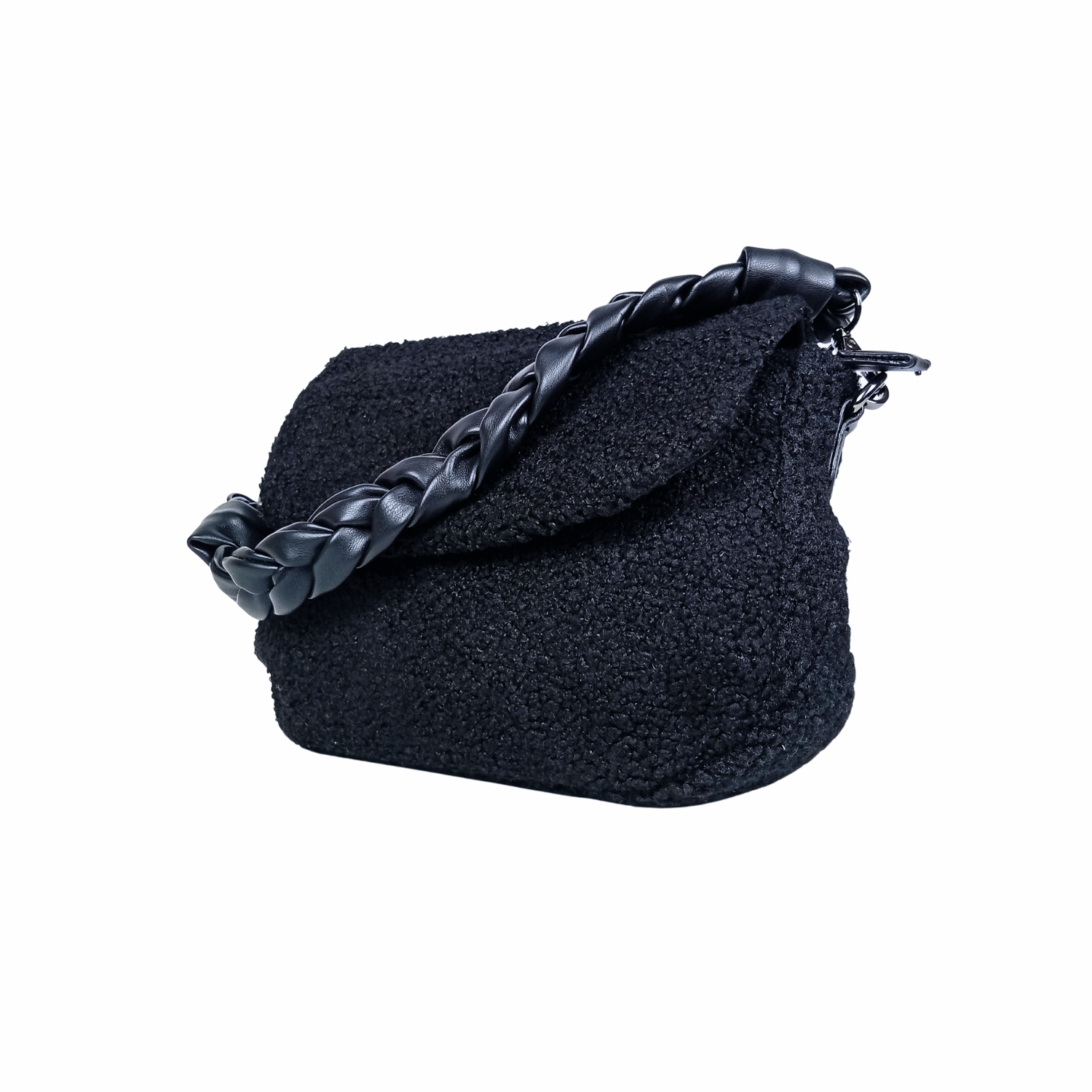 Black textured handbag with braided handle on a white background