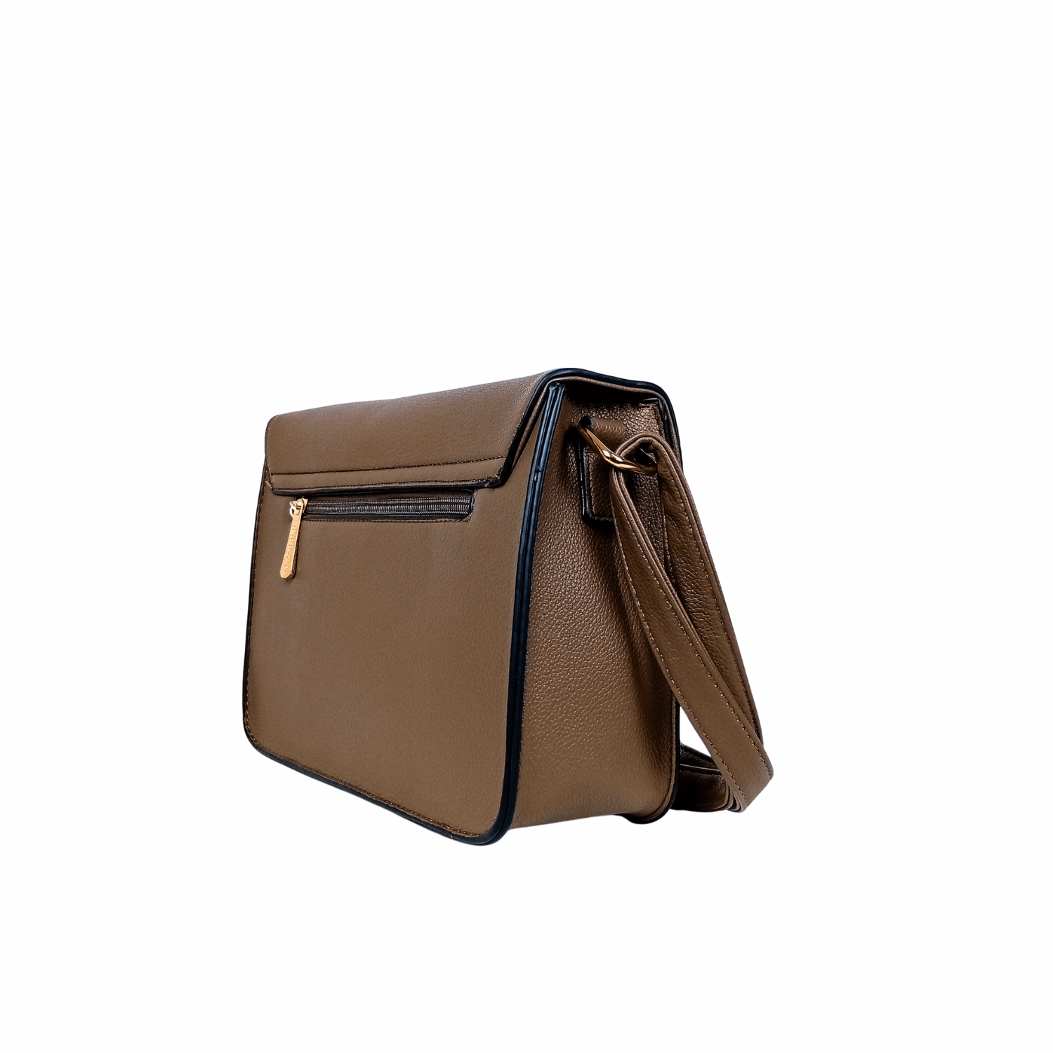 Brown leather handbag with a gold zipper on a white background