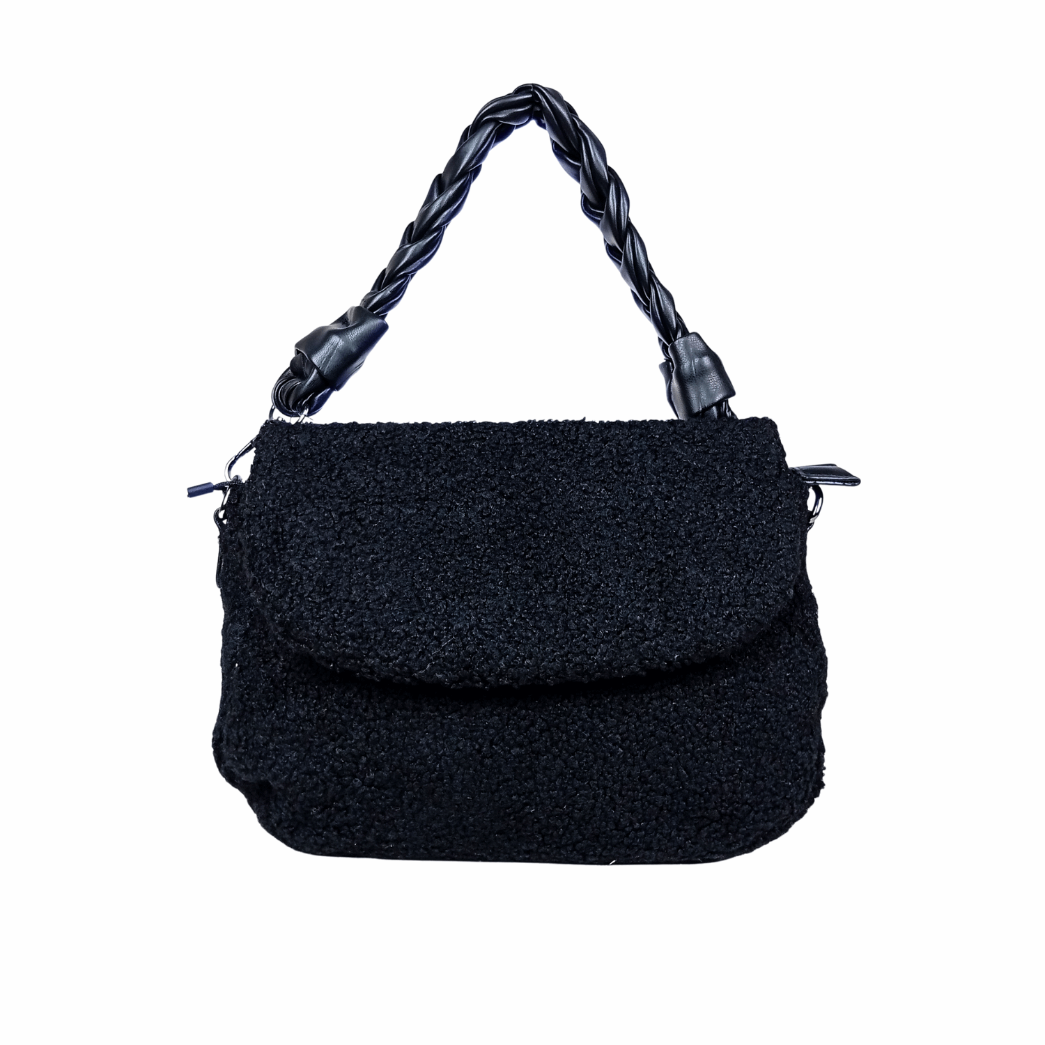 Black textured handbag with a braided handle on a white background