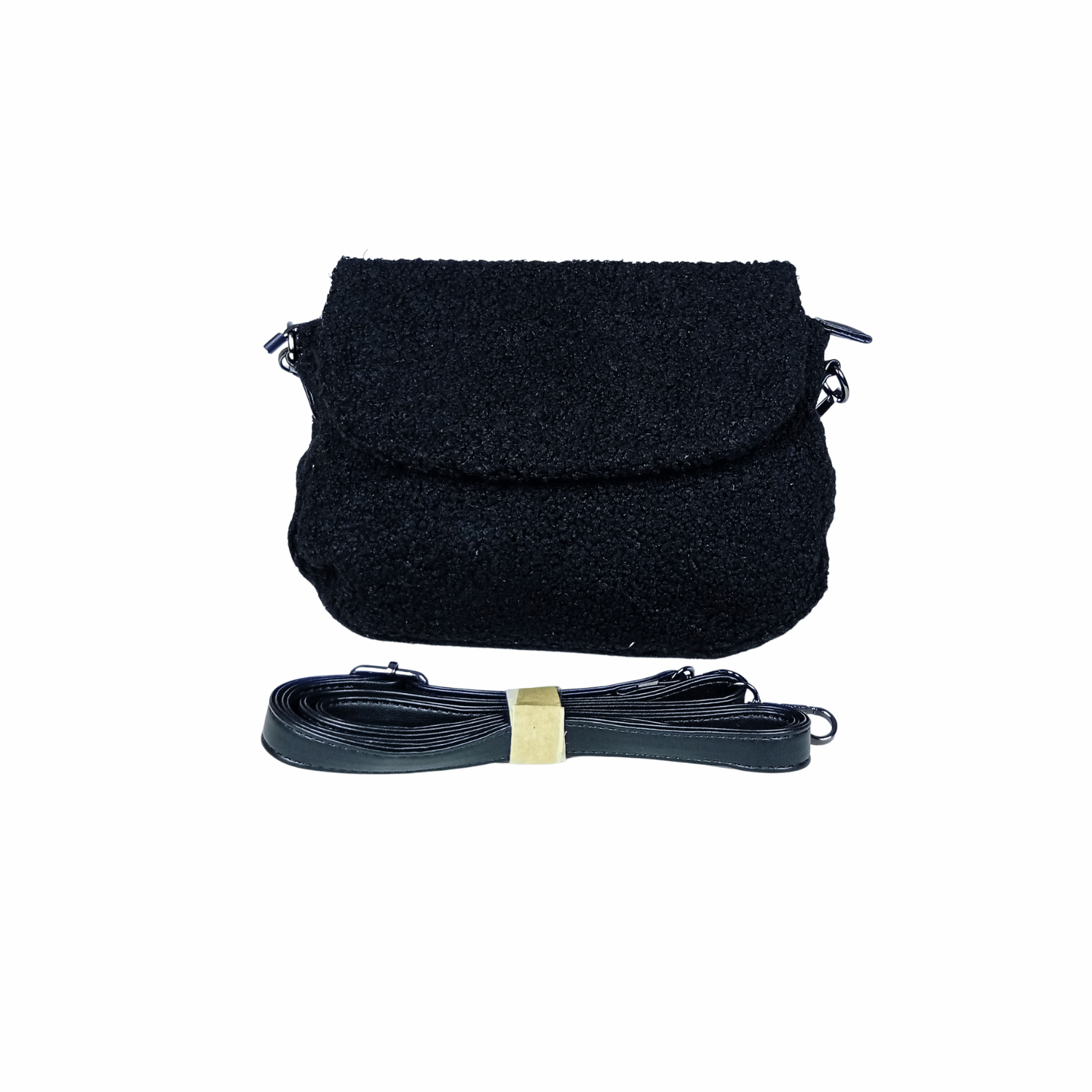 Black woven bag with a strap on a white background