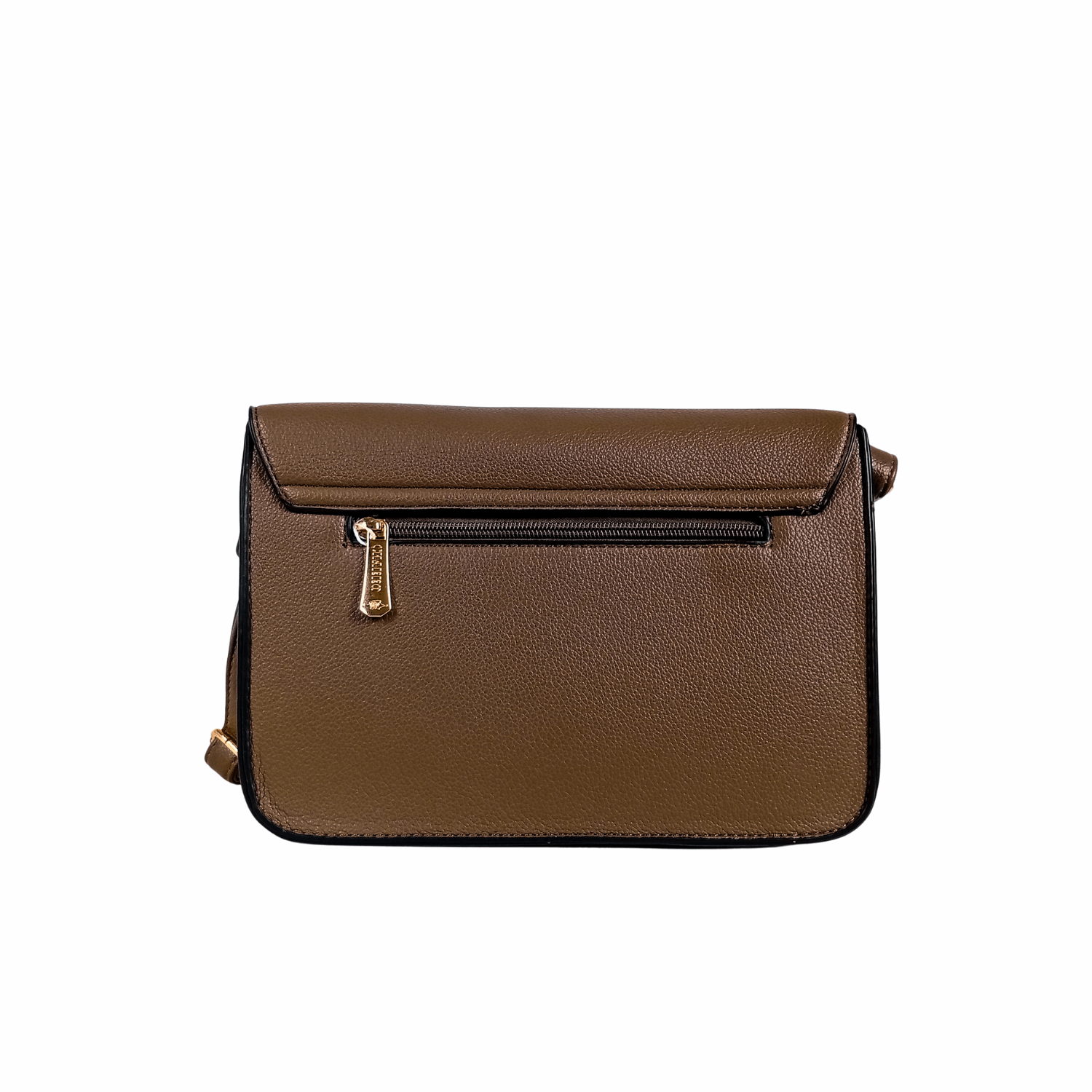Brown leather handbag with a gold zipper on a white background