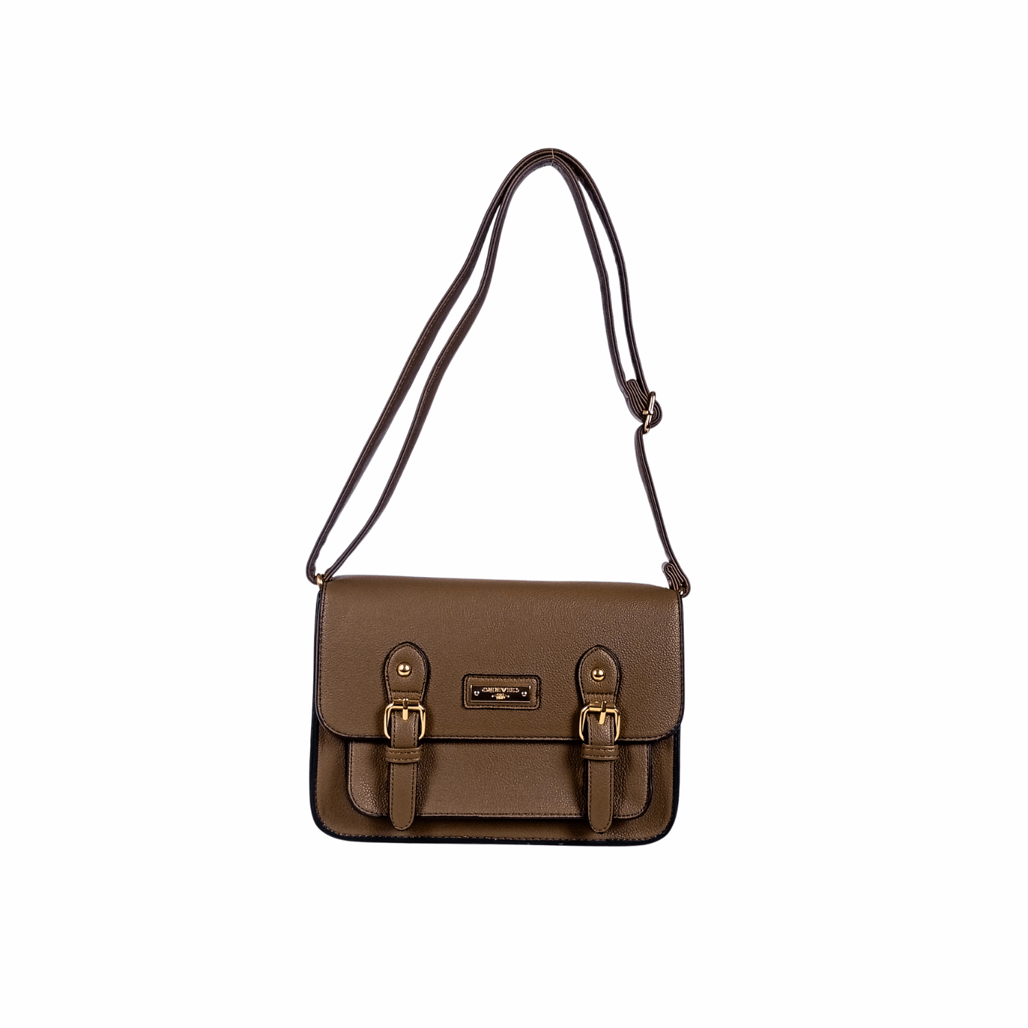 Brown leather satchel bag with gold buckles on a white background