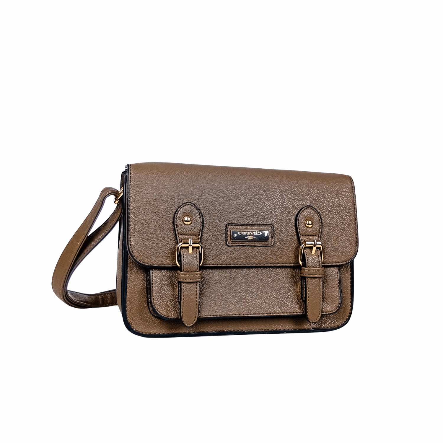 Brown leather satchel bag with gold buckles on a white background