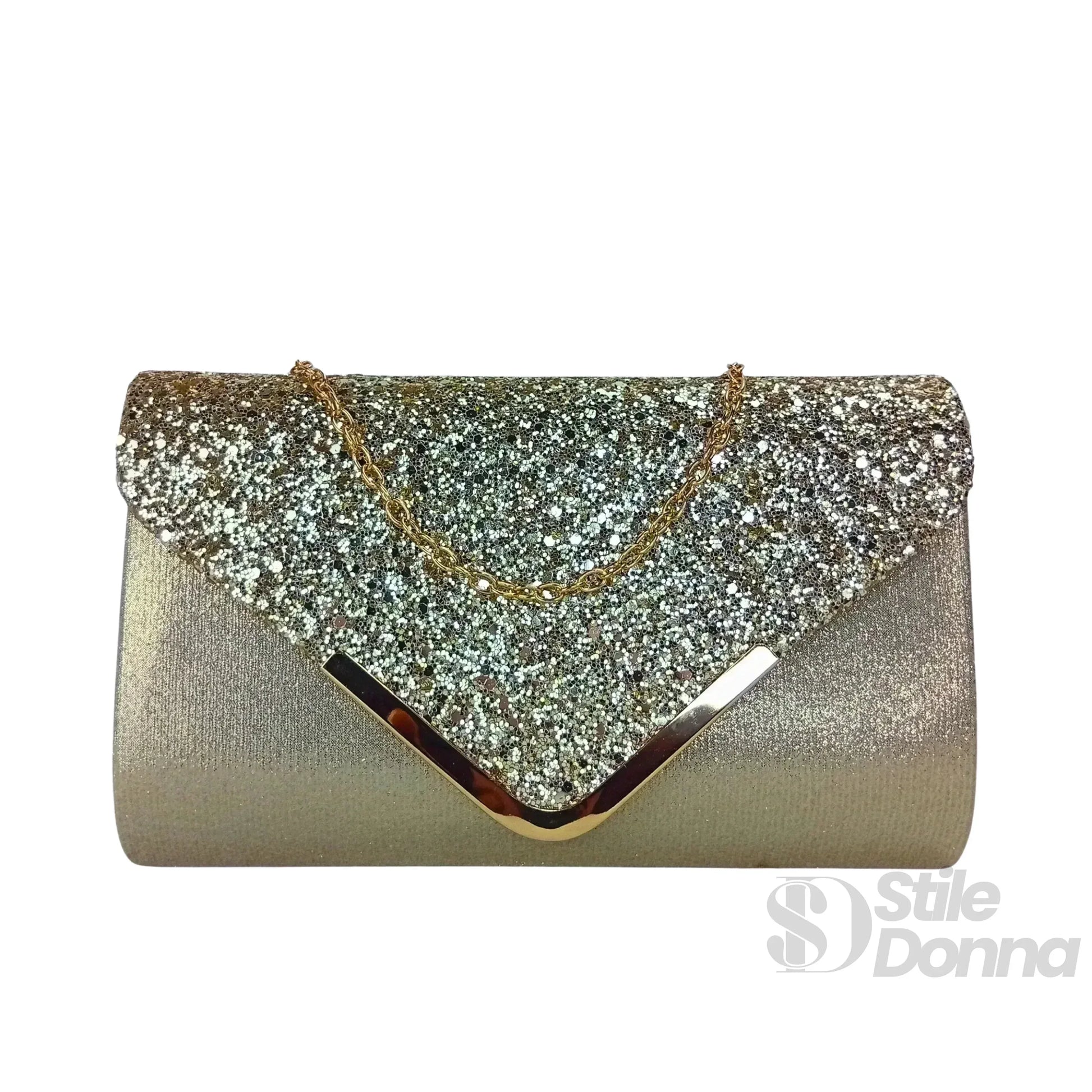 Stile Donna clutch busta argentata strass microfibra – dettaglio chiusura