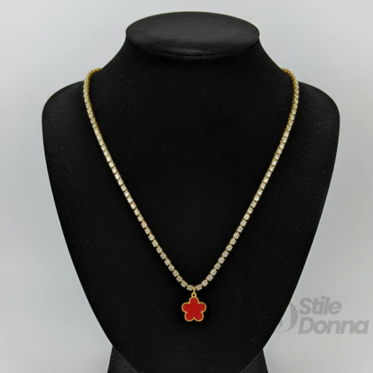 Stile Donna collana tennis cristallo oro ciondolo quadrifoglio rosso – dettaglio