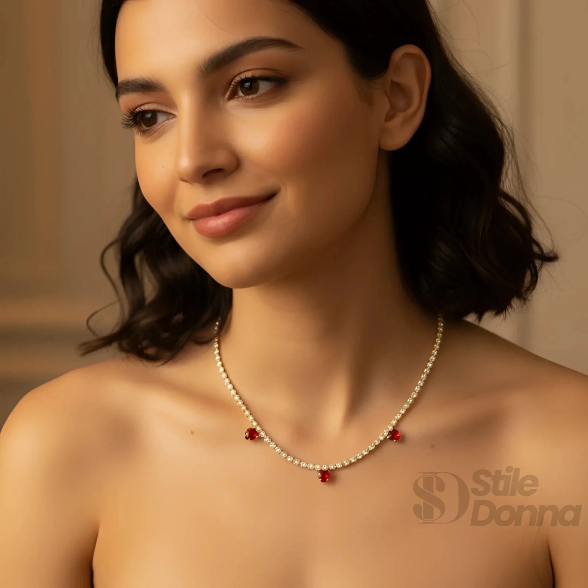 Collana in Cristallo Dorato con Ciondoli a Cuore Rosso - Stile Donna Bags