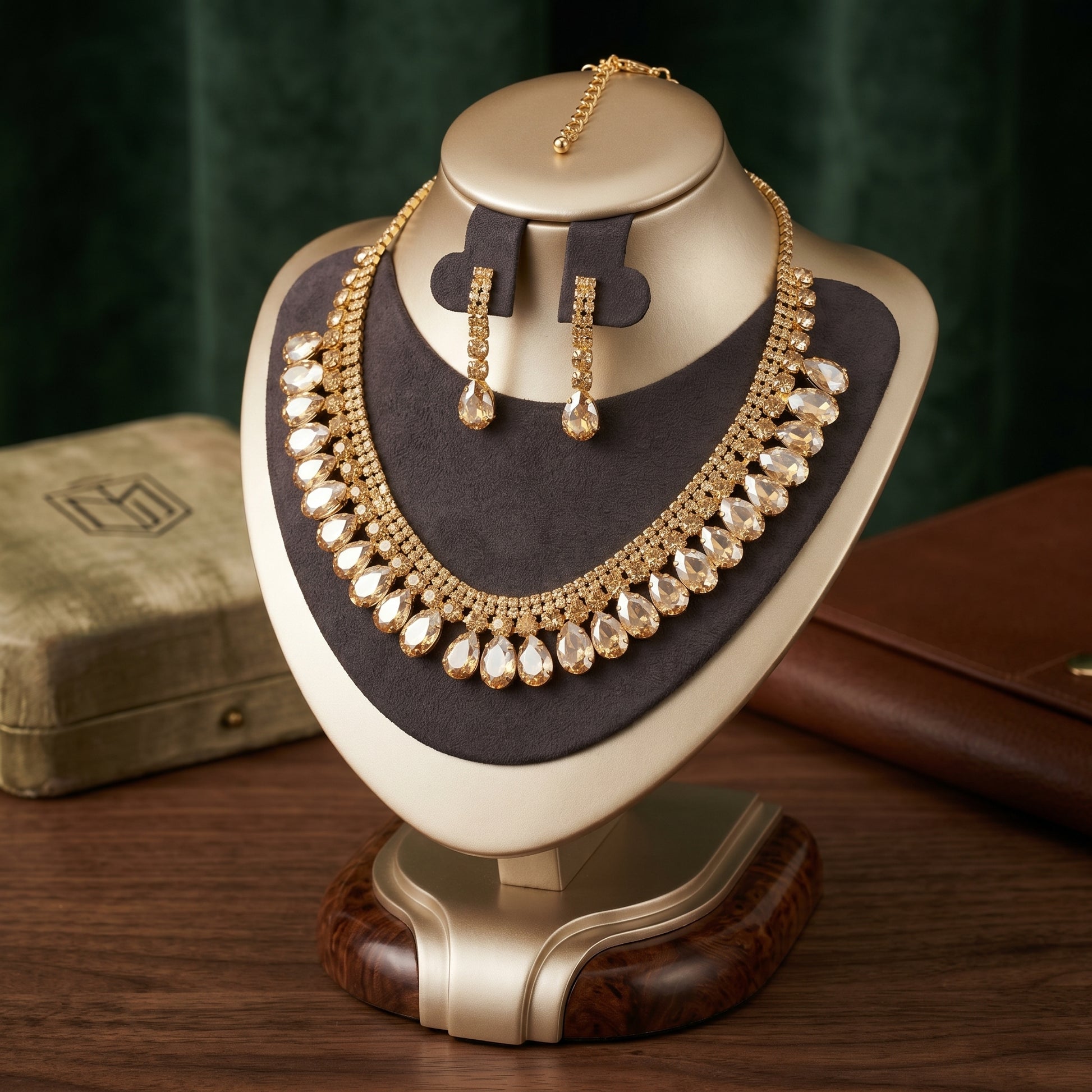 Collana e Orecchini Royal Cascade Cristalli Dorati Eleganti | Vista frontale | Oro