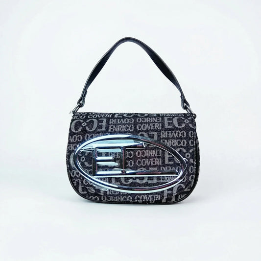 Enrico Coveri borsa a spalla jacquard nero con logo e tracolla – vista frontale