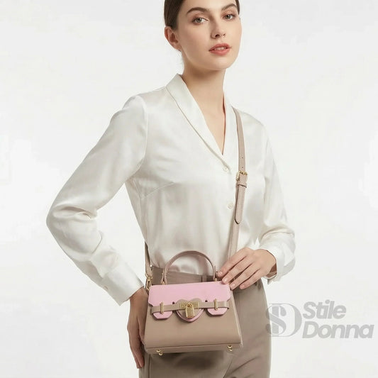 Herisson Firenze mini borsa ecopelle cachi rosa bicolore con tracolla – dettaglio esterno