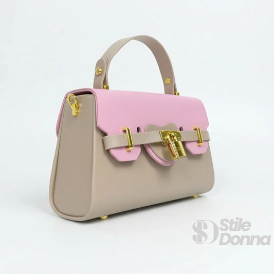 Herisson Firenze mini borsa ecopelle cachi e rosa con lucchetto dorato – vista laterale