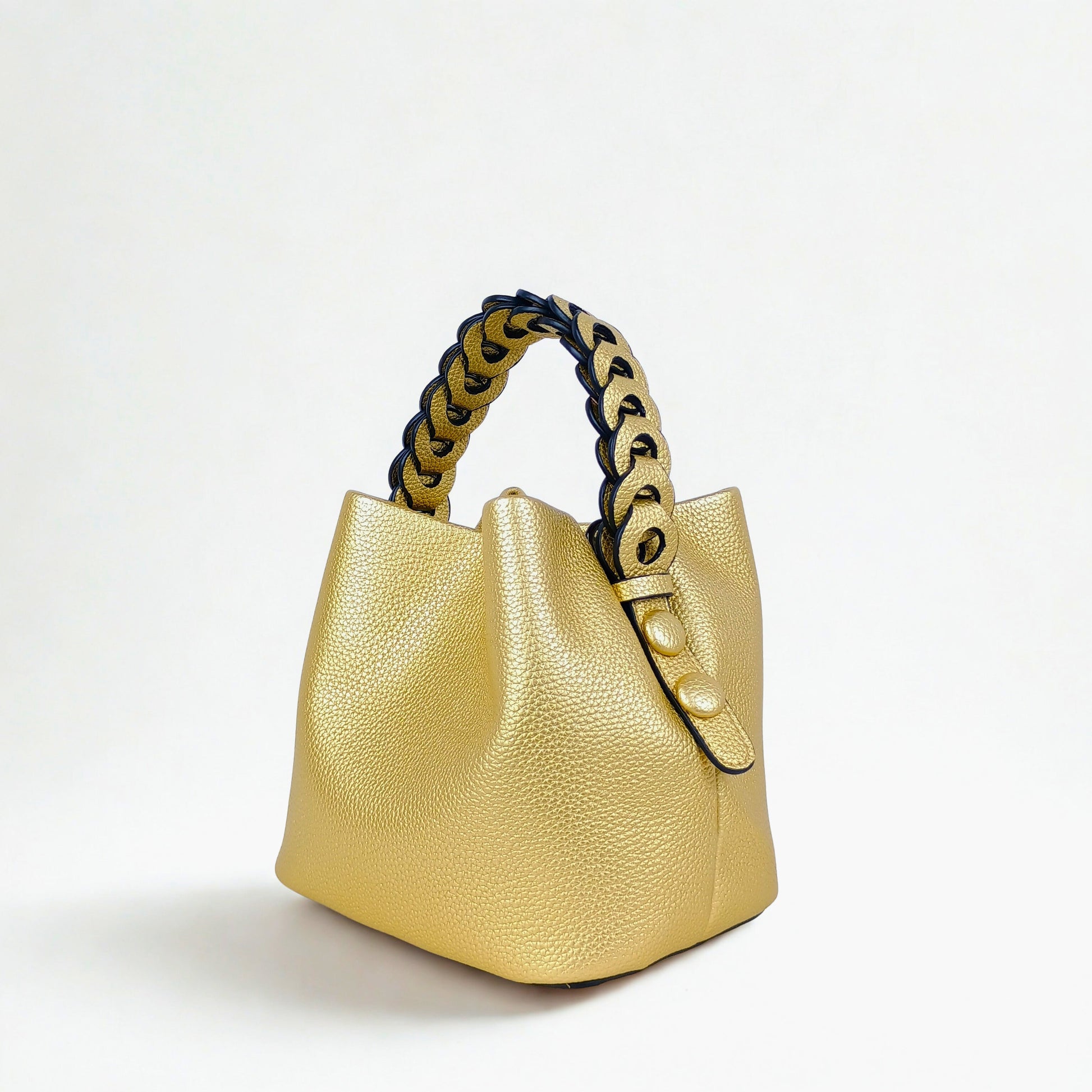 Mustard Yellow Leather Bucket Handbag with Braided Handle - Stile Donna Bags