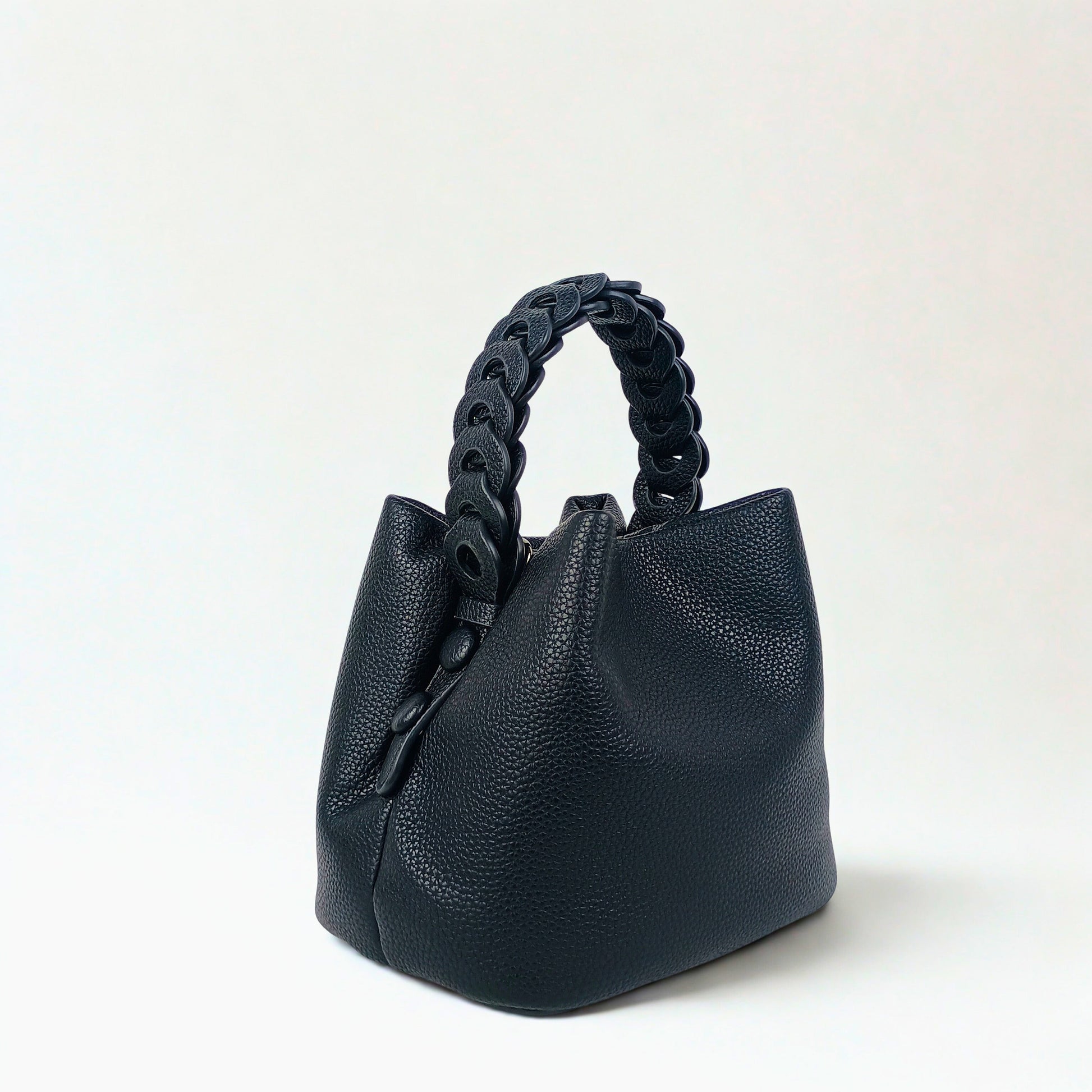 Mustard Yellow Leather Bucket Handbag with Braided Handle - Stile Donna Bags