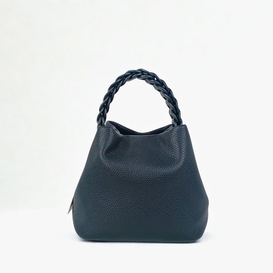 Mustard Yellow Leather Bucket Handbag with Braided Handle - Stile Donna Bags