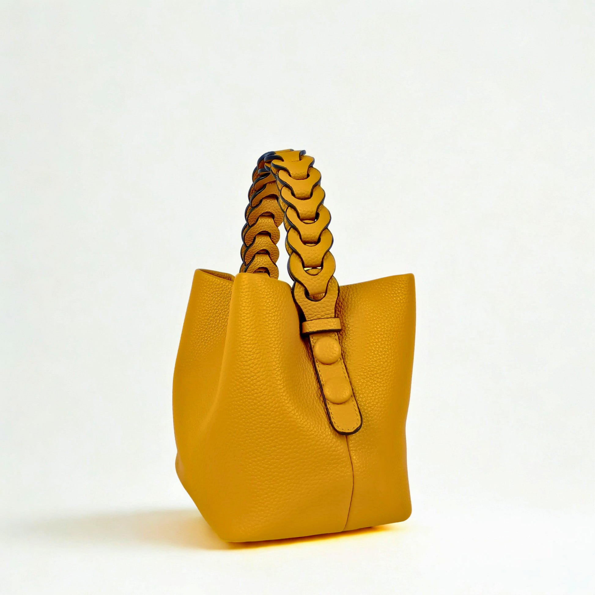 Mustard Yellow Leather Bucket Handbag with Braided Handle - Stile Donna Bags