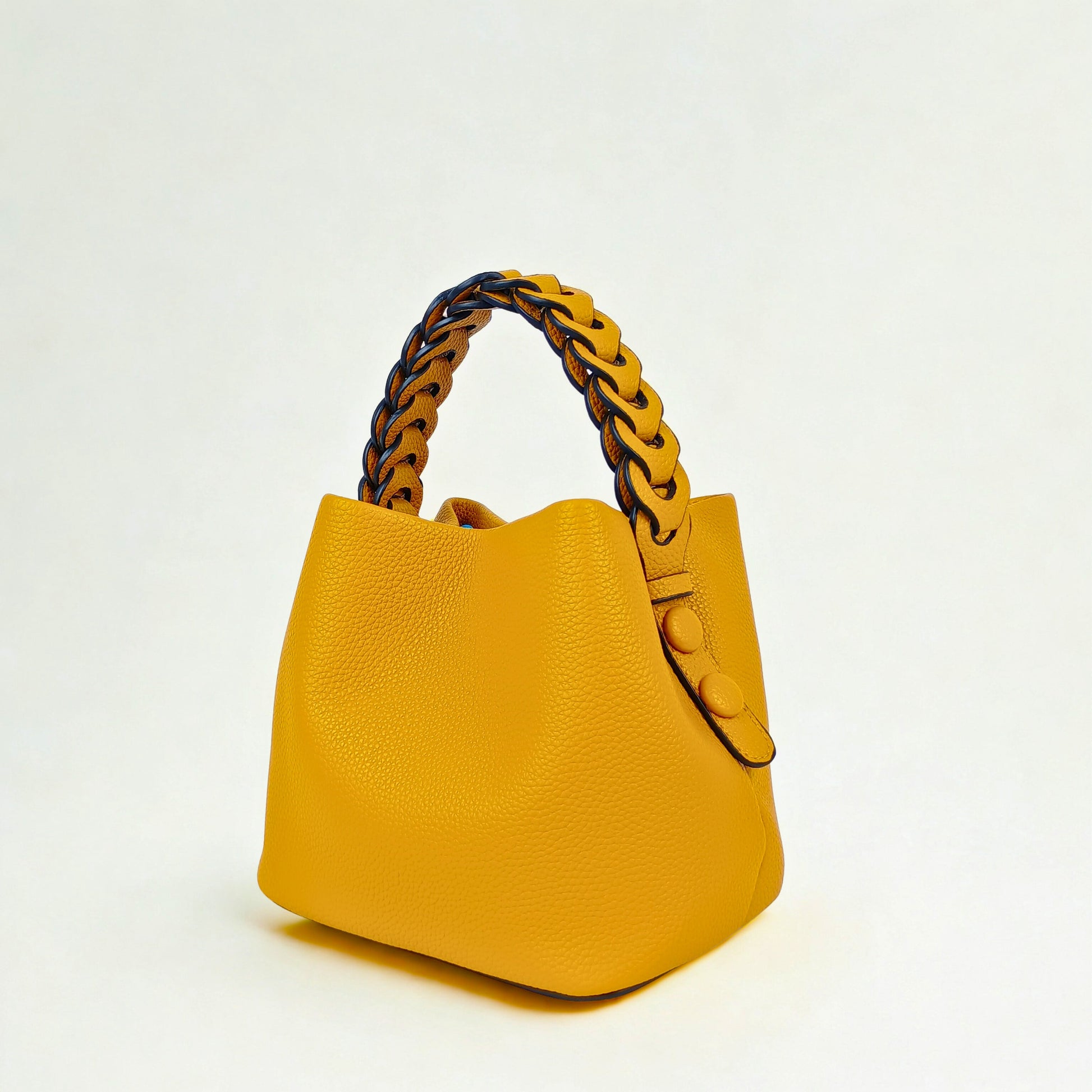 Mustard Yellow Leather Bucket Handbag with Braided Handle - Stile Donna Bags