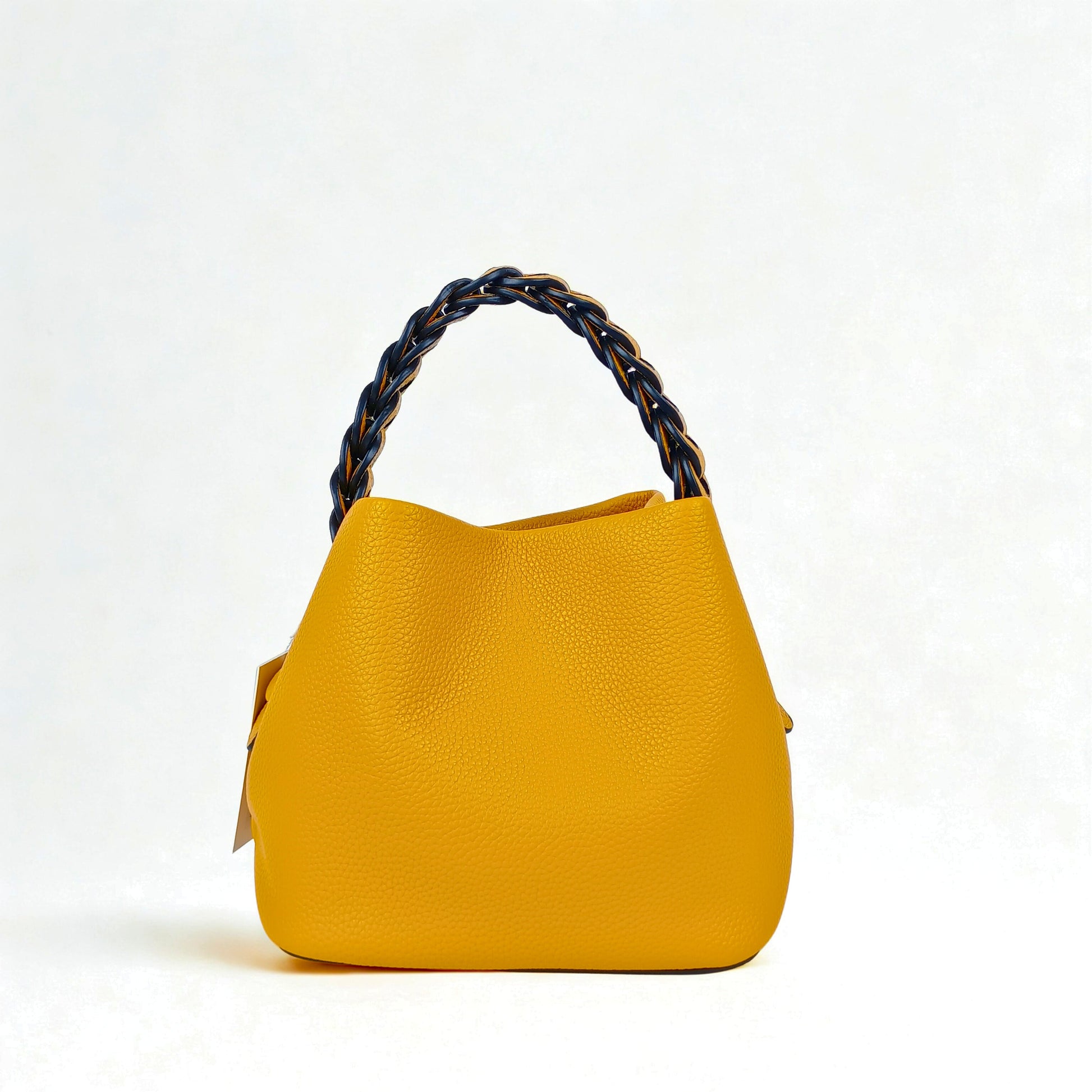Mustard Yellow Leather Bucket Handbag with Braided Handle - Stile Donna Bags