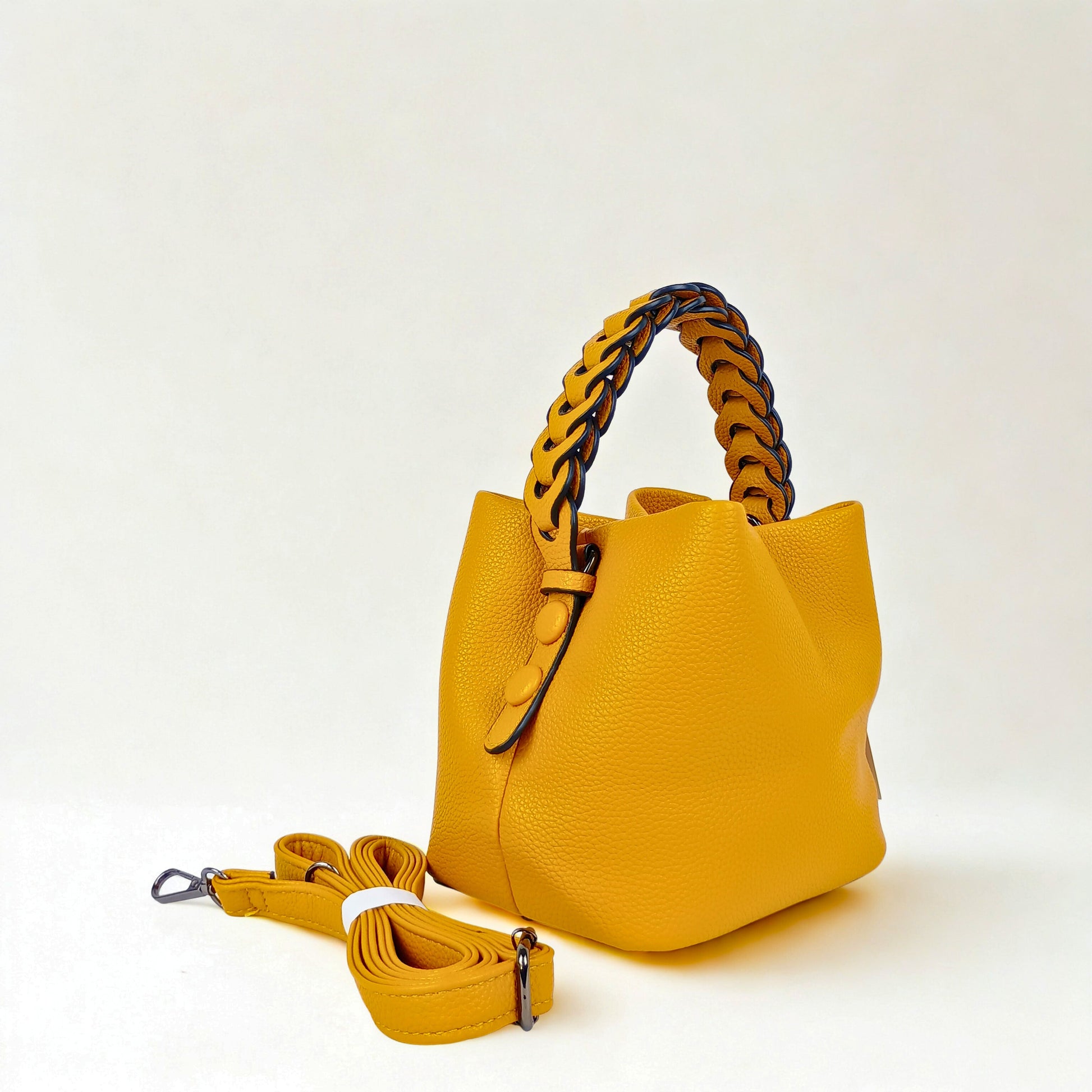 Mustard Yellow Leather Bucket Handbag with Braided Handle - Stile Donna Bags