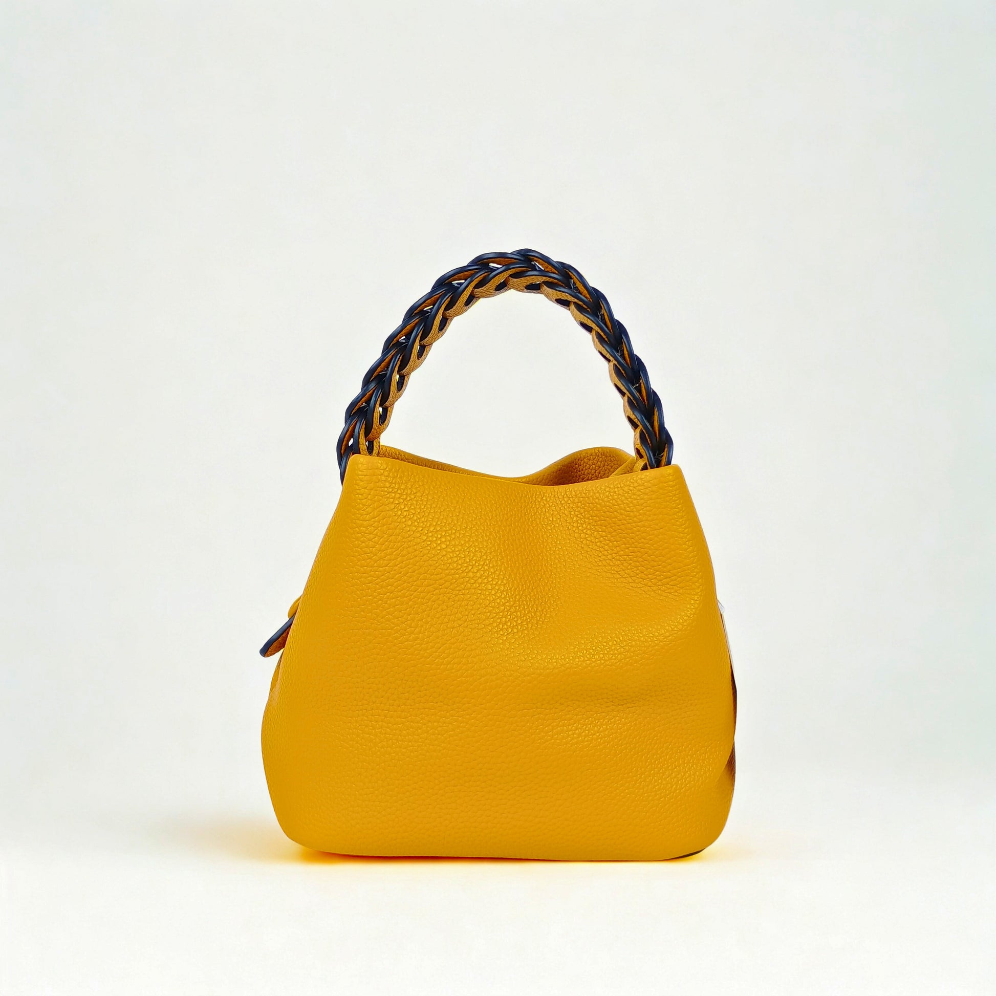 Mustard Yellow Leather Bucket Handbag with Braided Handle - Stile Donna Bags