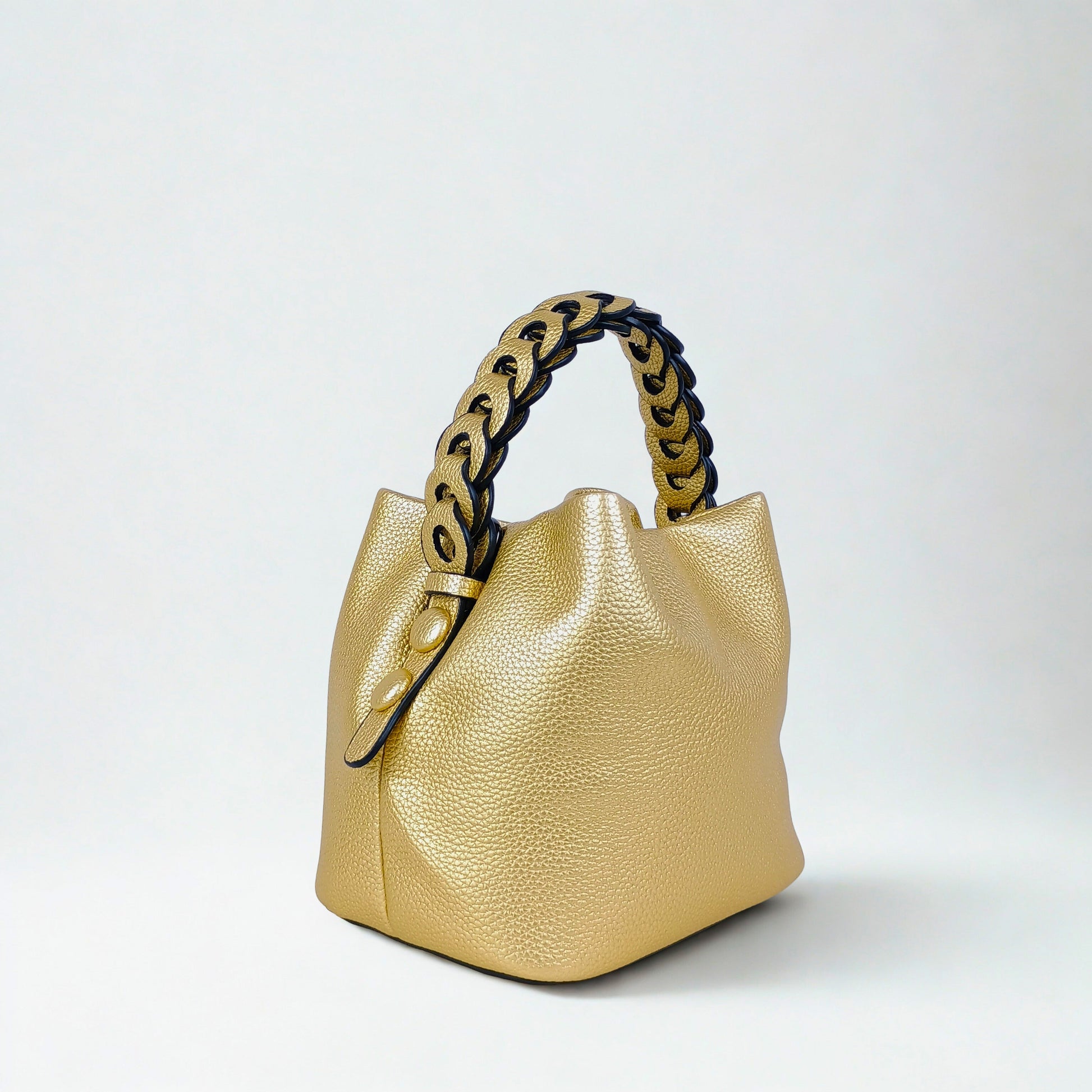 Mustard Yellow Leather Bucket Handbag with Braided Handle - Stile Donna Bags