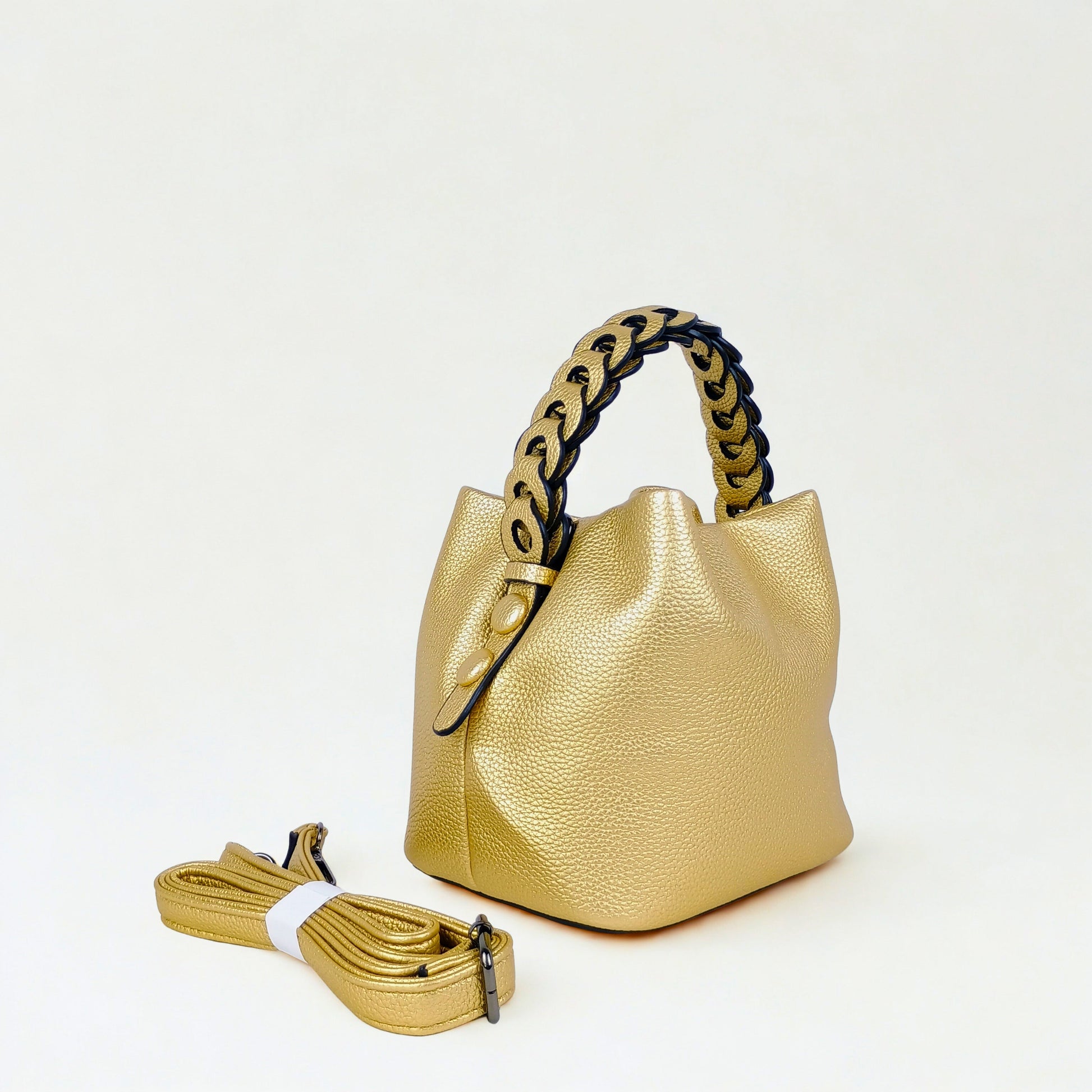 Mustard Yellow Leather Bucket Handbag with Braided Handle - Stile Donna Bags