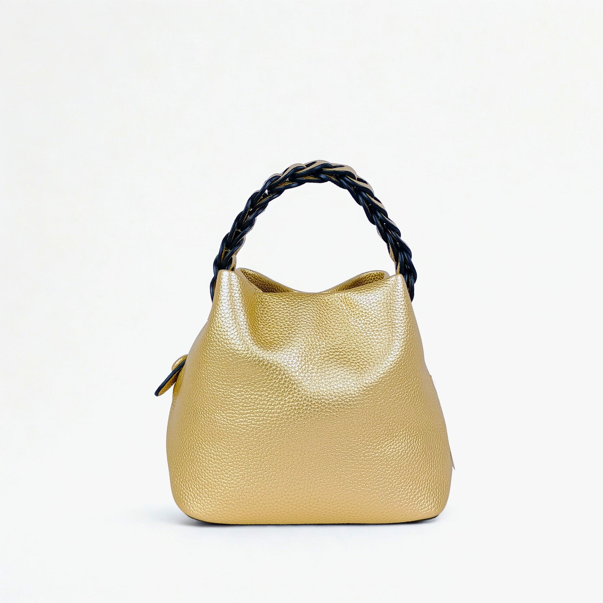 Mustard Yellow Leather Bucket Handbag with Braided Handle - Stile Donna Bags