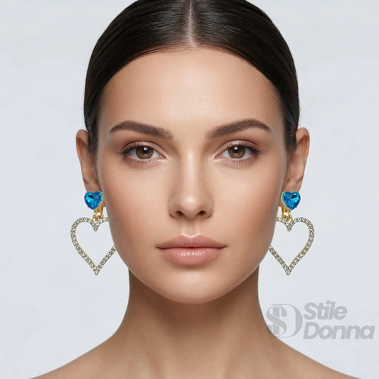 Orecchini a Cuore Pendenti Cristallo Blu | Vista laterale | Blu