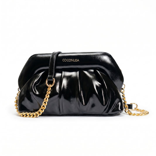 Pochette Coconuda nera ecopelle drappeggiata chiusura a clip - vista laterale
