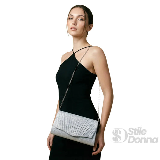 Pochette a forma di ventaglio scintillante con strass | Vista laterale | ecopelle | Argento