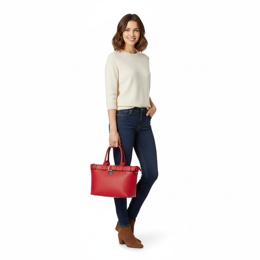 Woman holding a red handbag against a white background