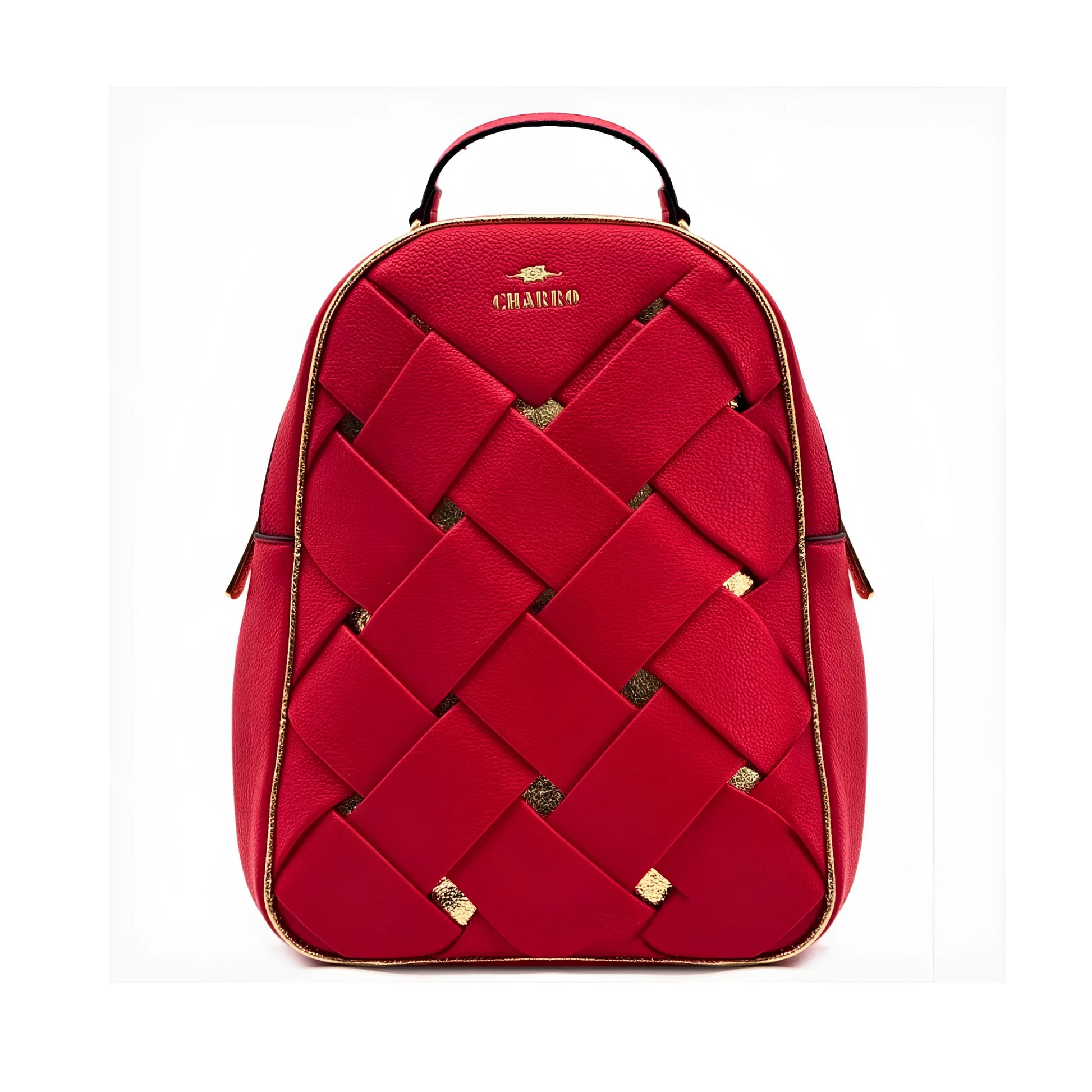 Red woven backpack with gold accents on a white background