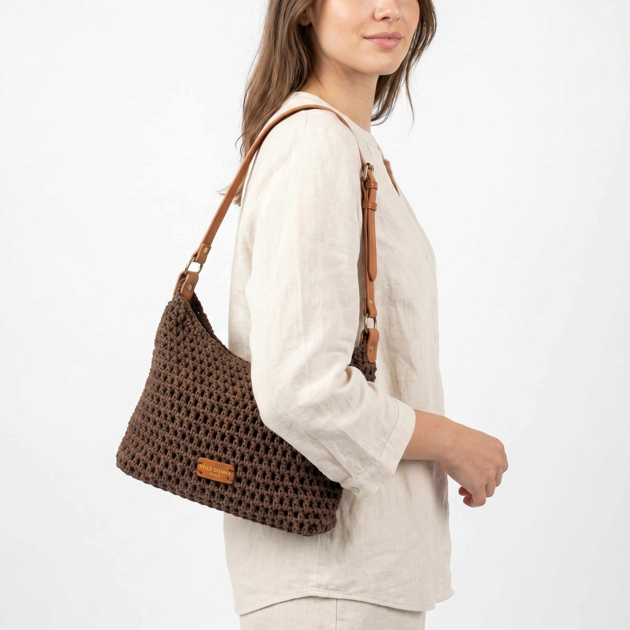 Borsa Hobo Intrecciata in Corda di Cotone color Caffè - Stile Donna Bags