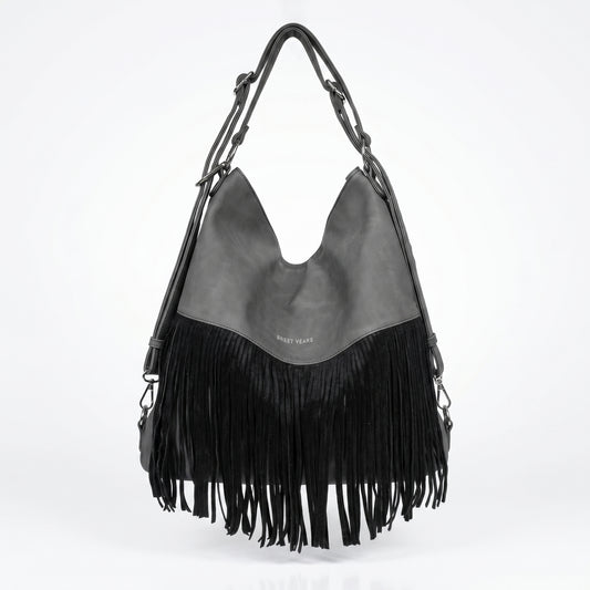 Sweet Years Borsa Hobo Grande in Ecopelle con Frange Effetto Scamosciato - Stile Donna Bags