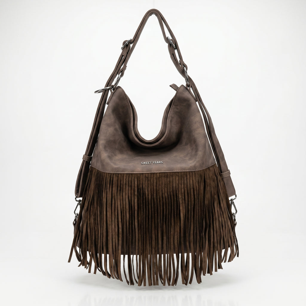 Sweet Years Borsa Hobo Grande in Ecopelle con Frange Effetto Scamosciato - Stile Donna Bags
