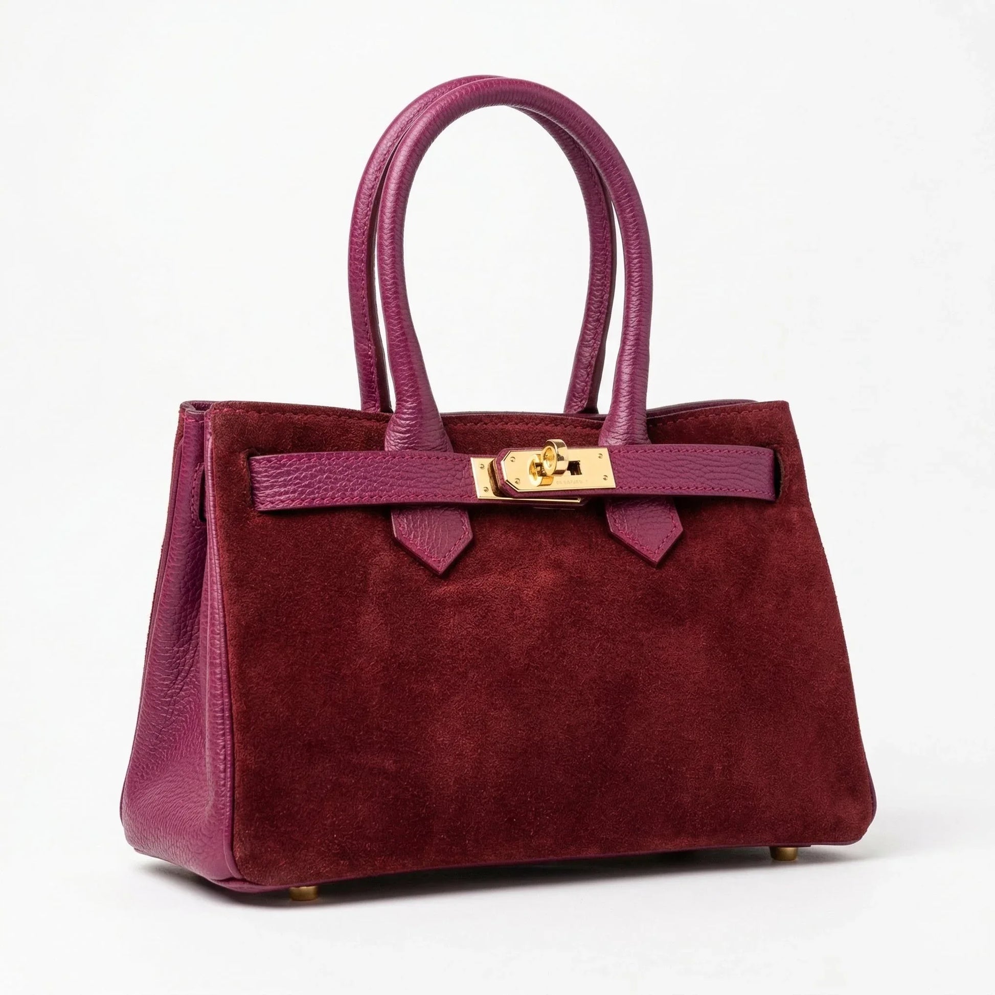 Velinara borsa a mano vera pelle scamosciata bordeaux finiture dorate – vista laterale