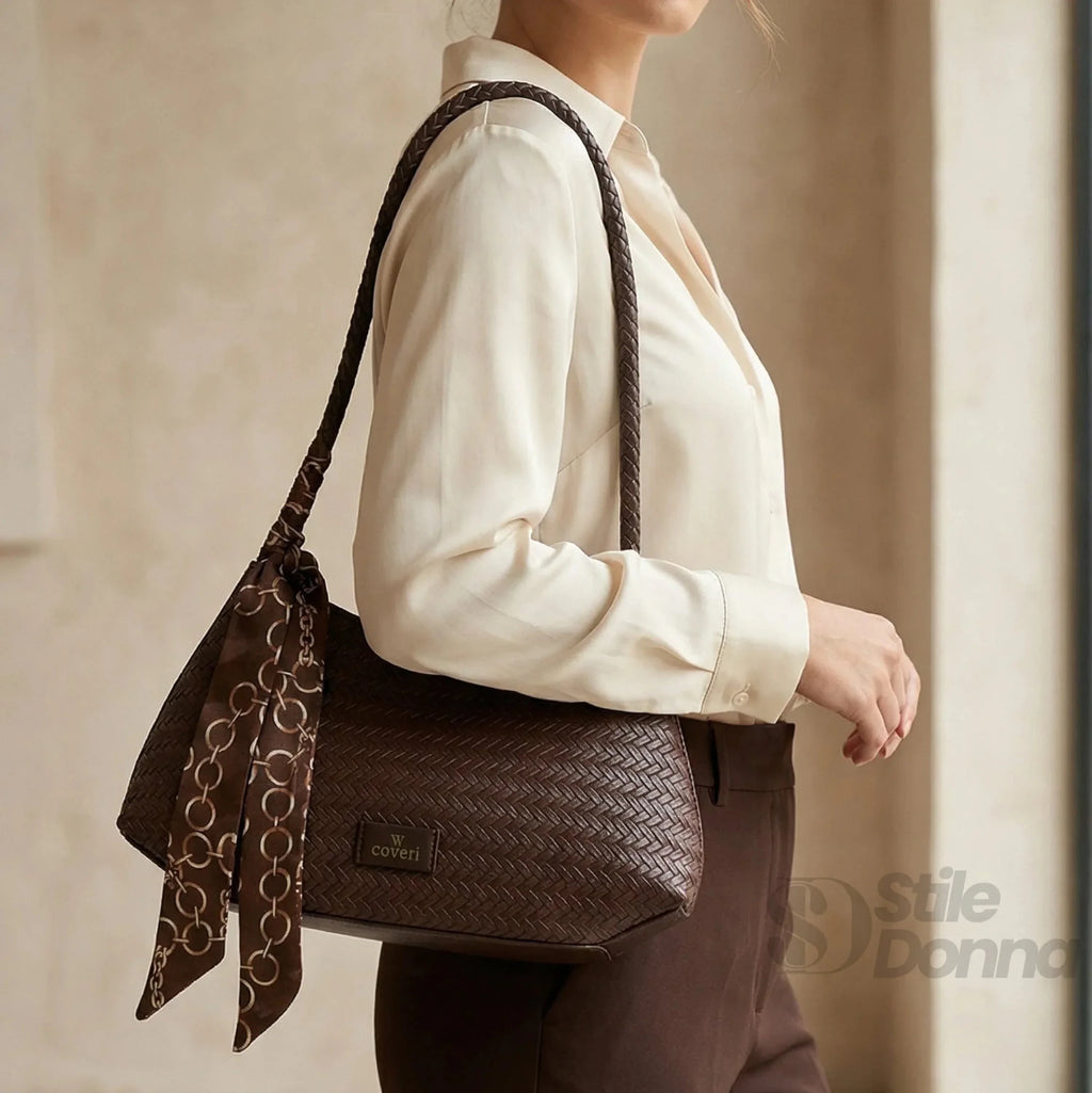 YY Coveri Borsa Intrecciata Argentata in Ecopelle con Sciarpa Decorativa - Stile Donna Bags