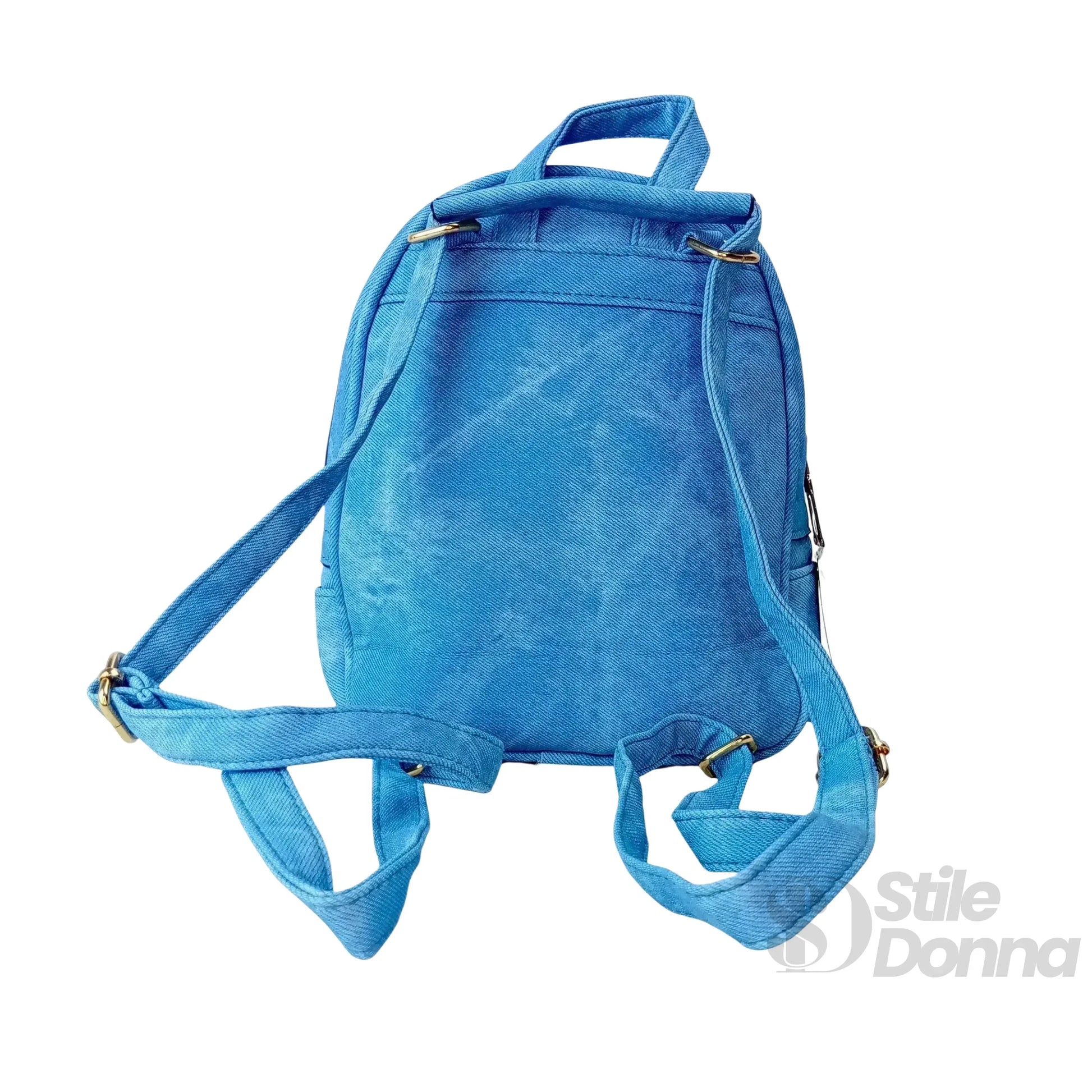 Zaino Mini Denim Blu Con Zip Oro | Prospettiva indossata | denim | Blu