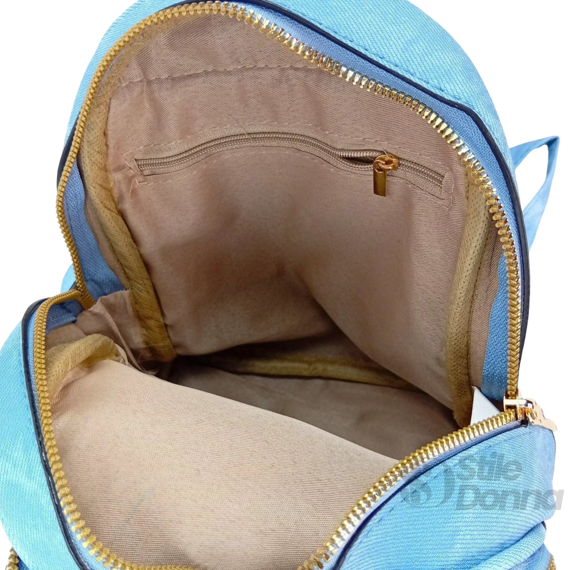 Zaino Mini Denim Blu Con Zip Oro | Close-up chiusura | denim | Blu