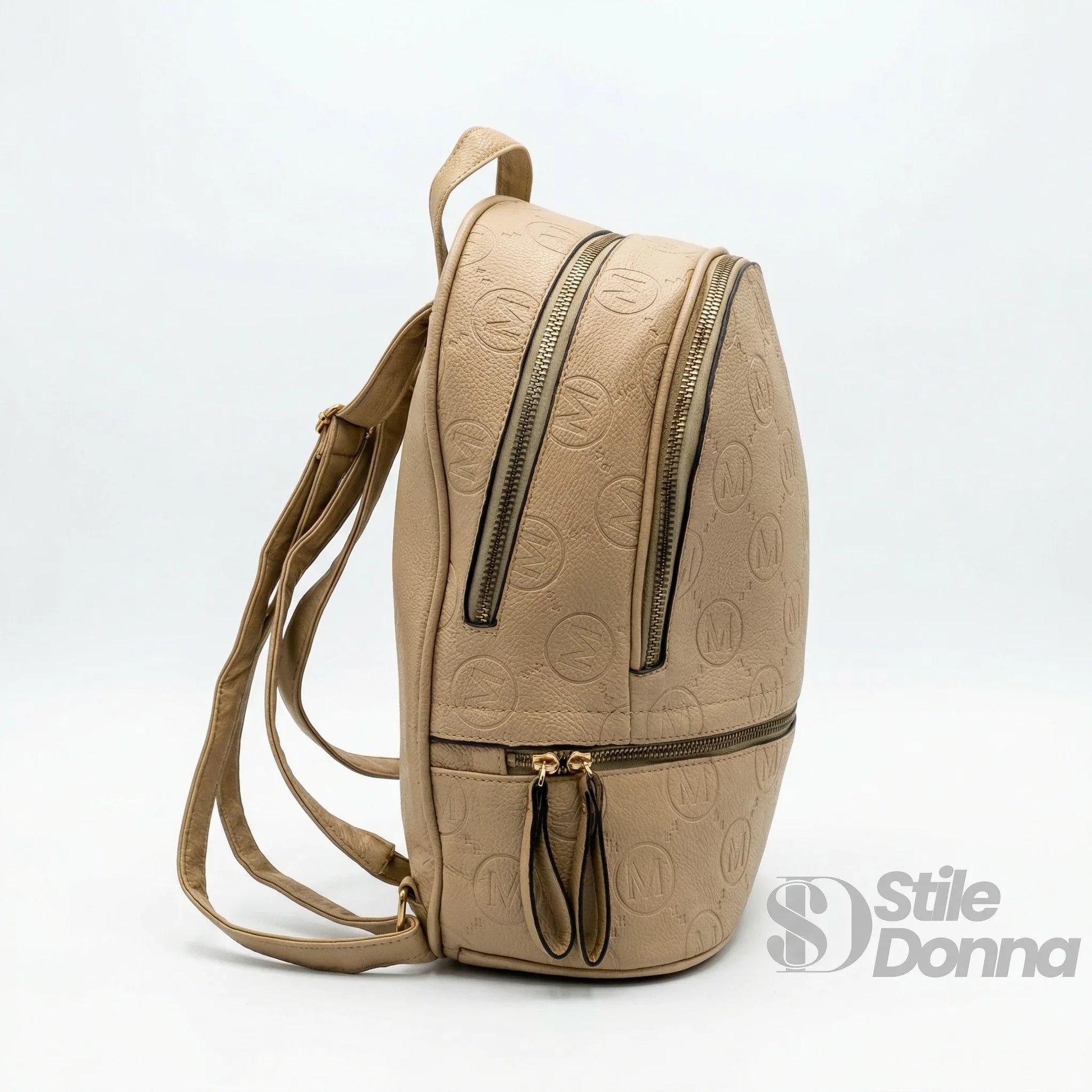 Stile Donna zaino ecopelle beige nero con monogramma – vista posteriore