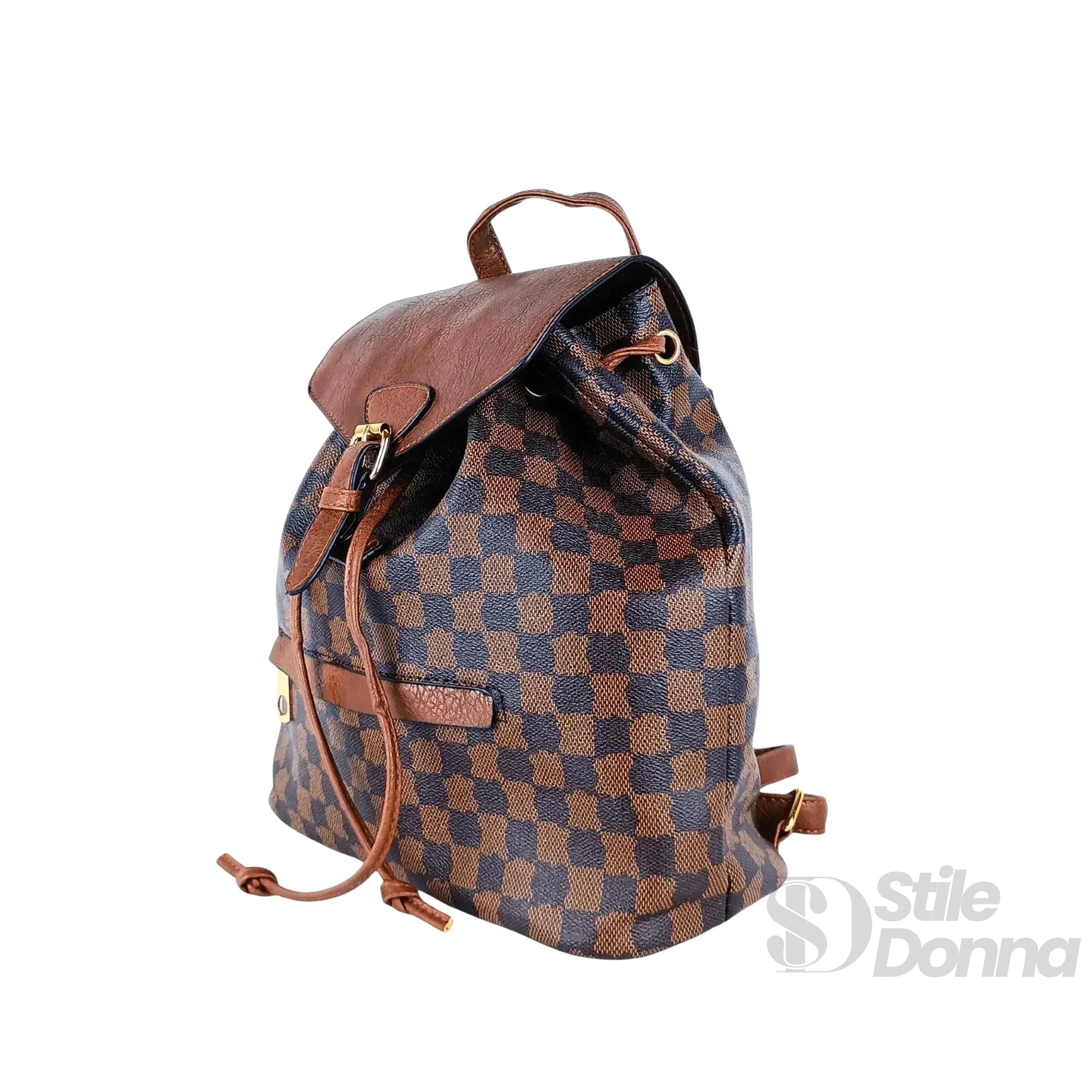 Stile Donna zaino donna ecopelle marrone canvas quadri – vista posteriore