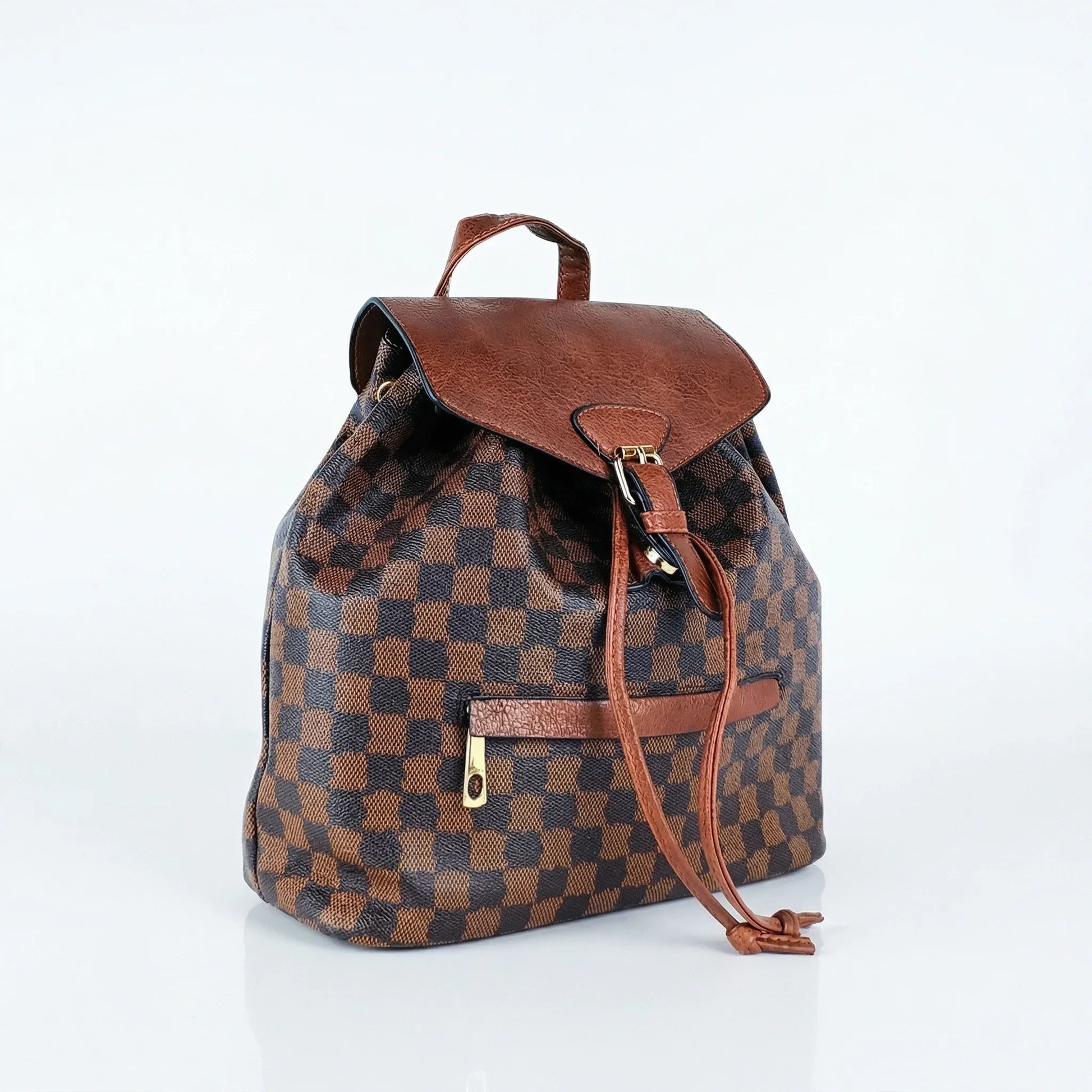 Stile Donna zaino donna ecopelle marrone canvas quadri con tracolla regolabile – vista laterale