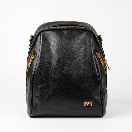 Black leather backpack with gold zippers on a white background