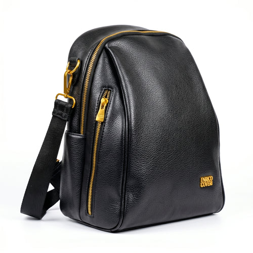 Black leather backpack with gold zippers on a white background