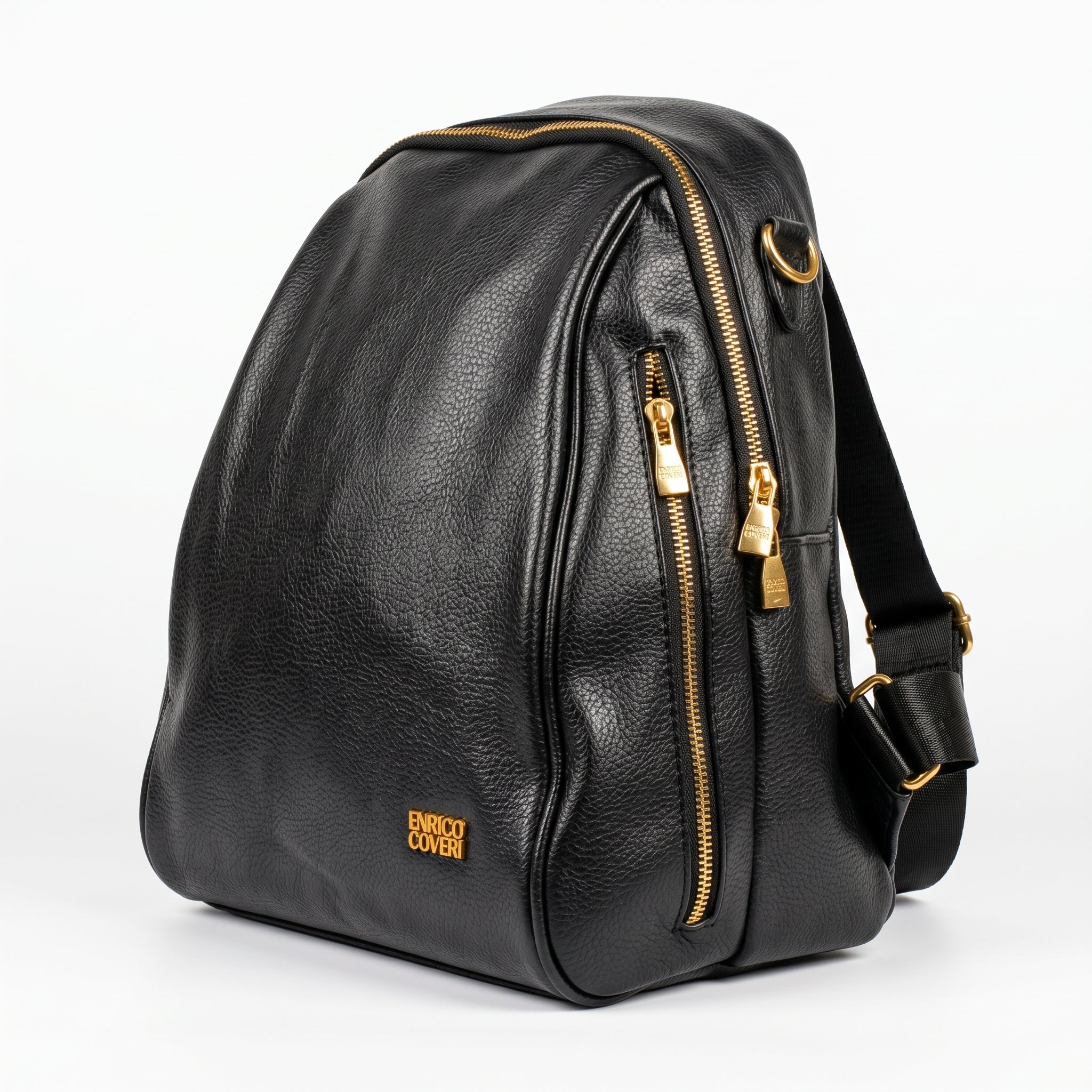 Black leather backpack with gold zippers on a white background