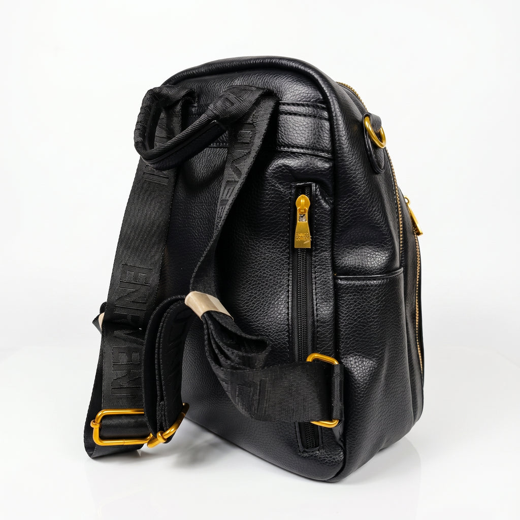 Black leather backpack with yellow zippers on a white background