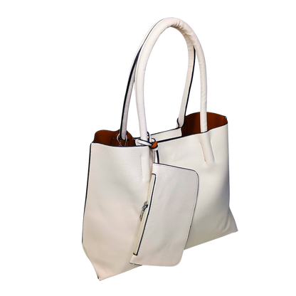 White handbag with brown interior on a white background